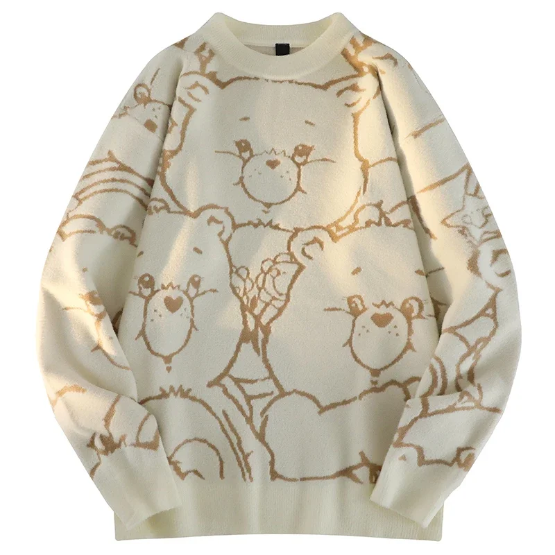 Männer niedlichen Bären pullover Rundhals ausschnitt Langarm Strick pullover im japanischen Stil voll bedruckte warme lässige Pullover für Männer