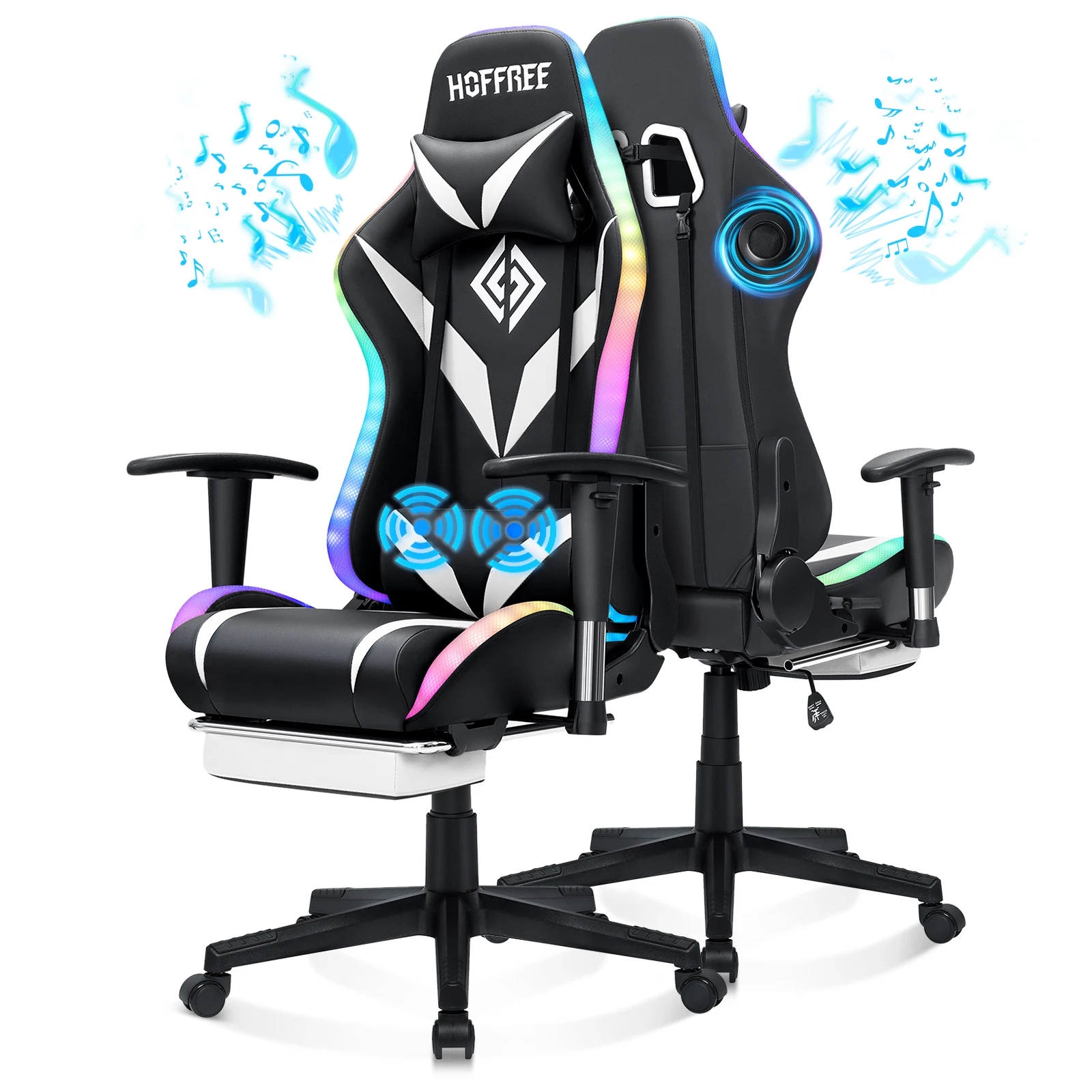 Ergonomic Gaming Chair with Footrest Bluetooth Speaker LED Lights Linkage T-Armrest with Lumbar Cushion Headrest Computer Chair