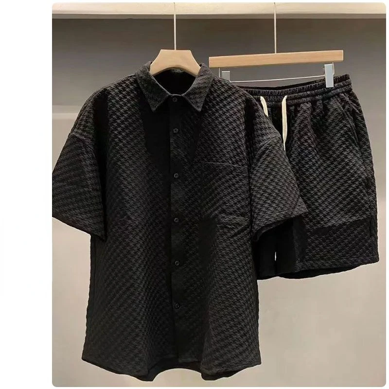 Summer Loose Men\'s Suit Handsome lattice Short Sleeve Shirt + Shorts British Style Casual Two-piece Suit Jogger Outfit Tracksuit