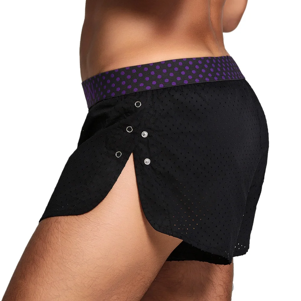 Men Casual Shorts Mesh Breathable Button Side Aro Pants Loose Boxer Shorts Trunks Sleep Bottoms Pajama Seamless Underpants 2XL