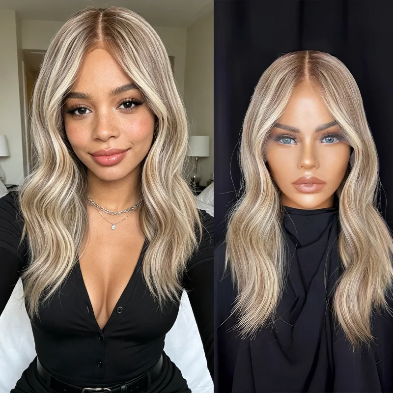 Synthetic Lace front Wig Ombre Golden Blonde Highlights Wig with Brown Roots For Women Loose Wave Party Daily Cosplay Wear Natur