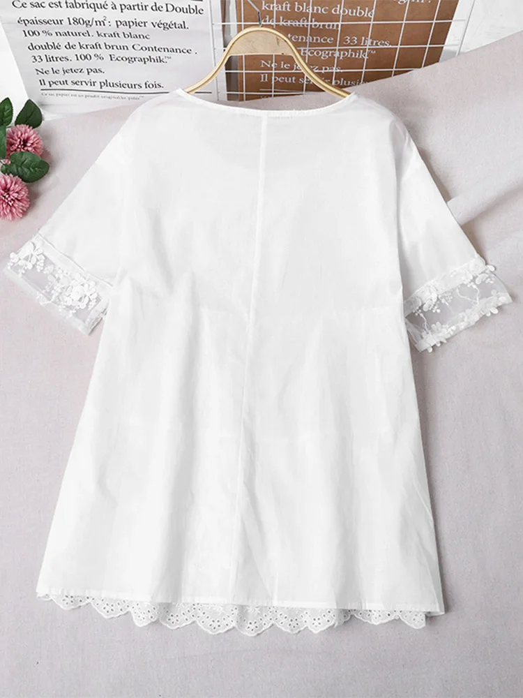 ZANZEA Fashion Lace Crochet Tops Summer Casual Embroidery Blouse Women Short Sleeve Patchwork Shirts Holiday Mech Blusas Chemise