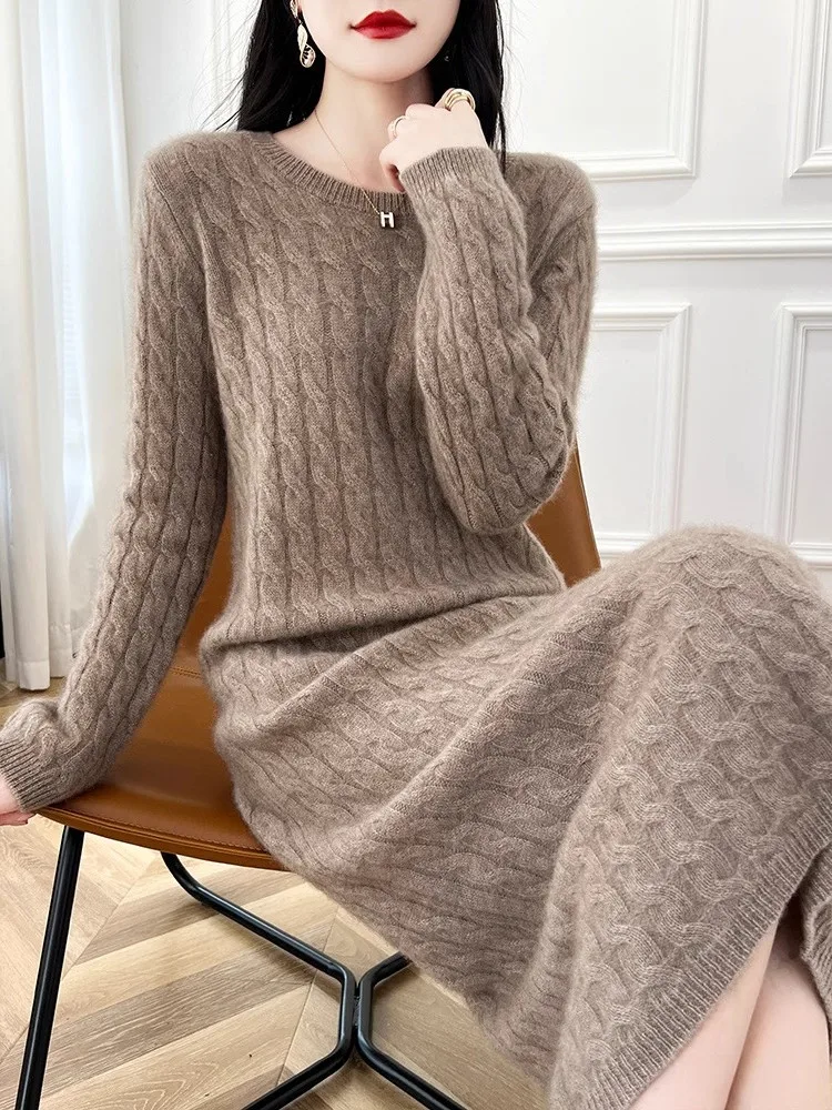 

Элегантные модные платья, кашемировый свитер, вязаное длинное платье с круглым вырезом, шерстяная женская водолазка, офисная юбка, осень-зима CQ312