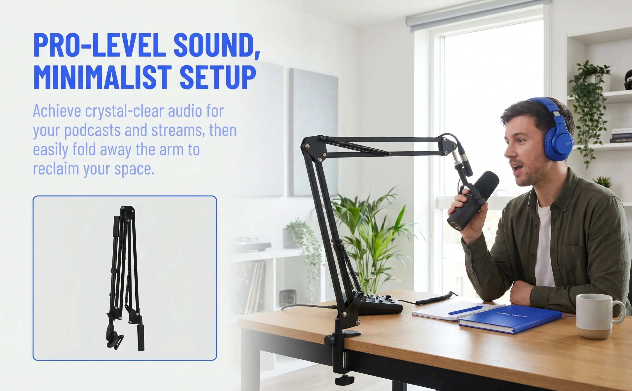 1Set Sturdy Metal Microphone Stand Boom Arm with Clamp Desktop Mount Adjustable Height Folding Type for Singing Voice Recording