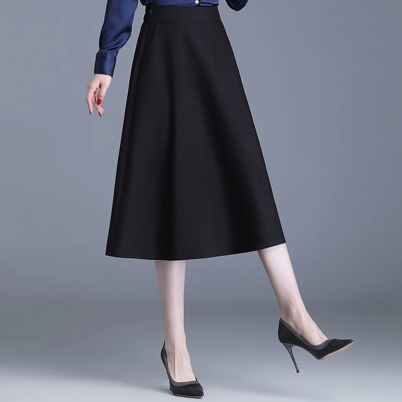 ZUZK Women Solid A-Line Suit Skirt Spring Autumn Elastic Waist Mid-Length Pocket Office Lady Skirt Casual Skirt