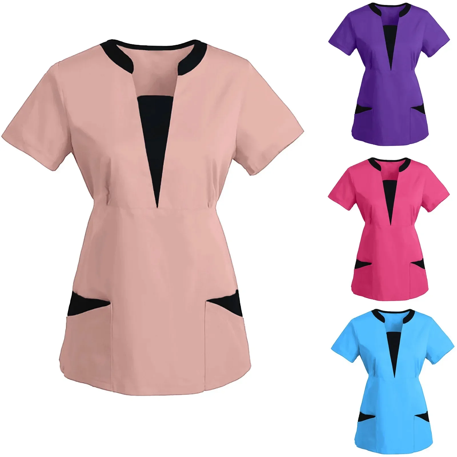 Quality Elastic High Operating Room Spa Women Medical Uniform Top Short Sleeve Nurse Doctor Tops Jogger Pants Scrubs Top