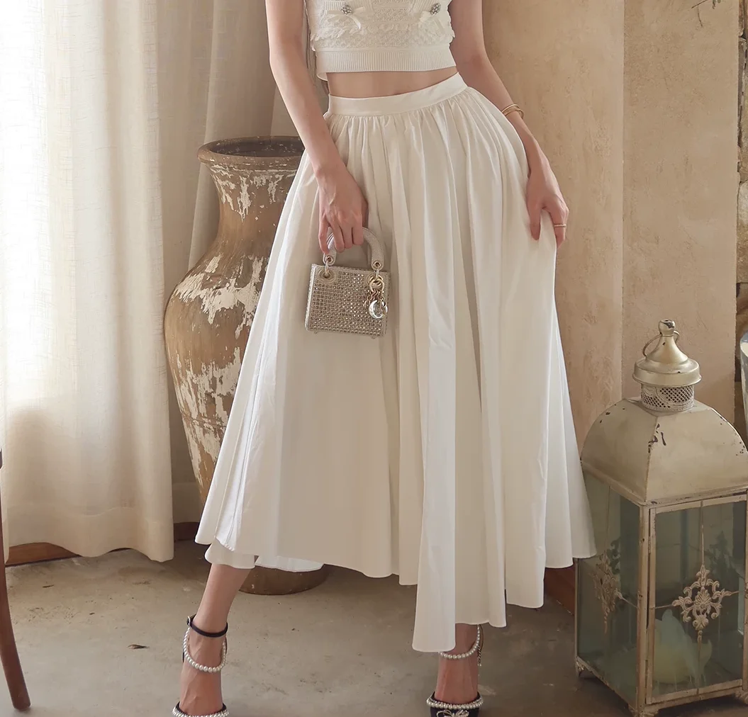 100% Cotton Women White Irregular Pleated Midi Skirt