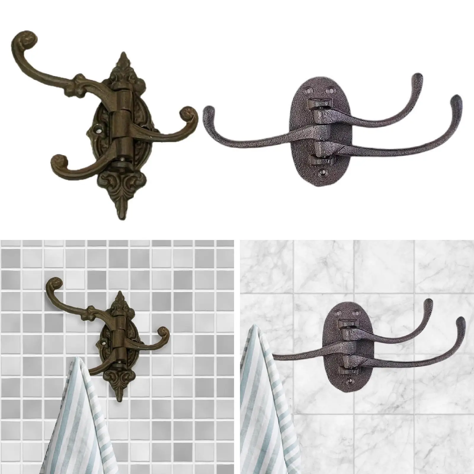Gancho de hierro fundido para colgar abrigos con gancho de pared giratorio para guardarropa con 3 brazos oscilantes