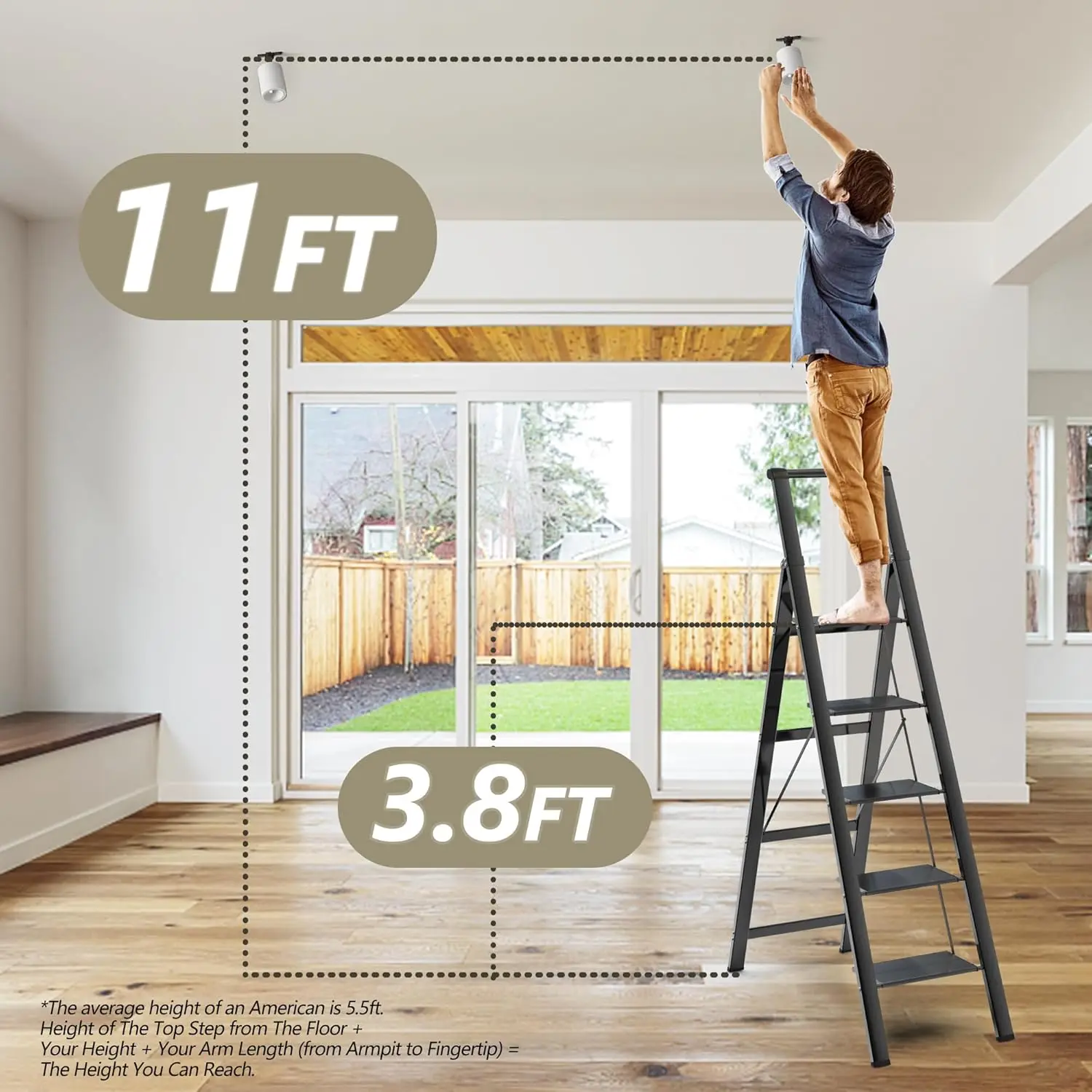 Escada preta dobrável leve com antiderrapante largo resistente Step Stool, 5 Step, 10 pés de teto alto