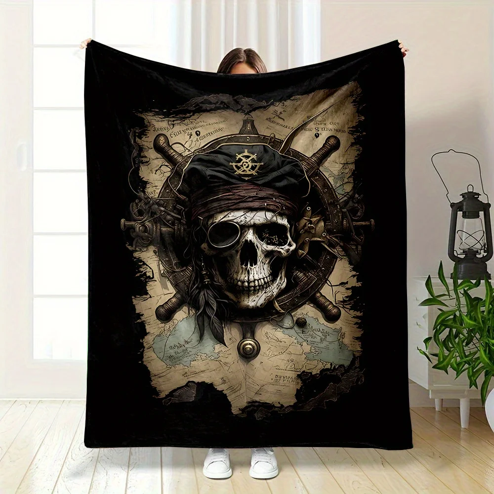 Large Steampunk Skull Pirate Map Throw Blanket Cozy Sofa Decor 150x200cm Nautical Gothic Aesthetic Gift Blanket for Bedroom Couc