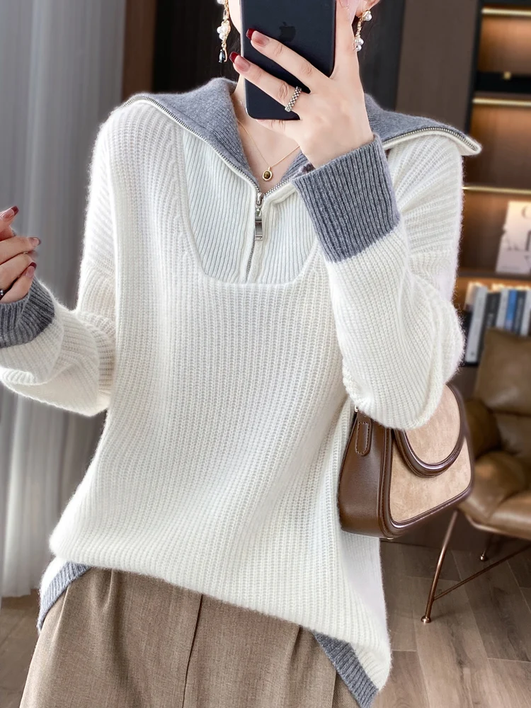 

Пуловер с высоким лацканом и половиной молнии, женский осенне-зимний свободный ленивый толстый вязаный свитер соответствующего цвета, женский джемпер, топы