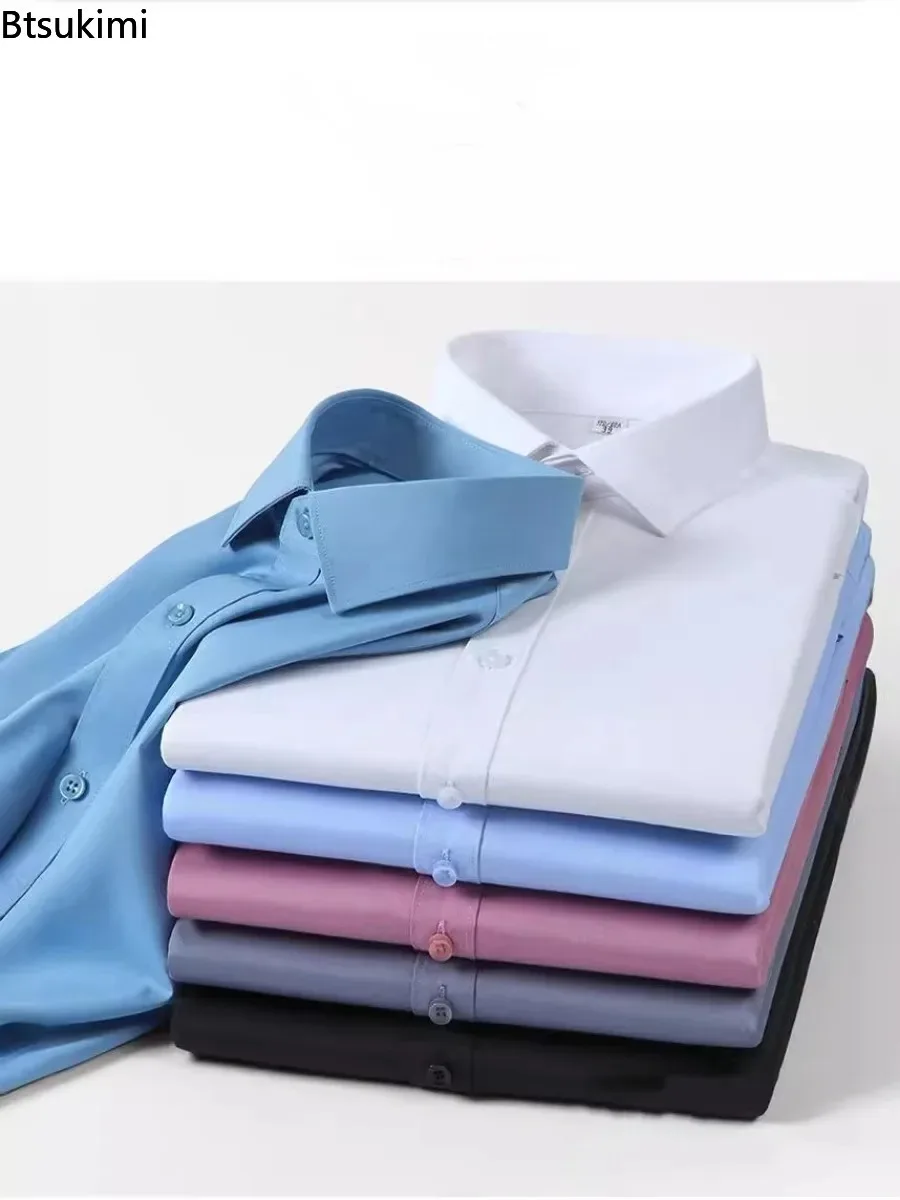 High-quality Men's Business Casual Dress Shirts 2024 Solid Slim Formal Clothing for Men Breathable Bamboo Fiber Easy Care Shirts