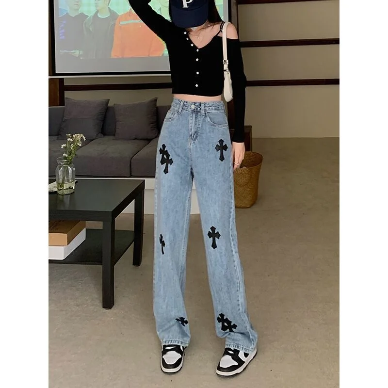 High Waist Straight Leg Vintage Jeans Women's Loose Floor-Length Cross Design Trendy Brand Spring Autumn New Style