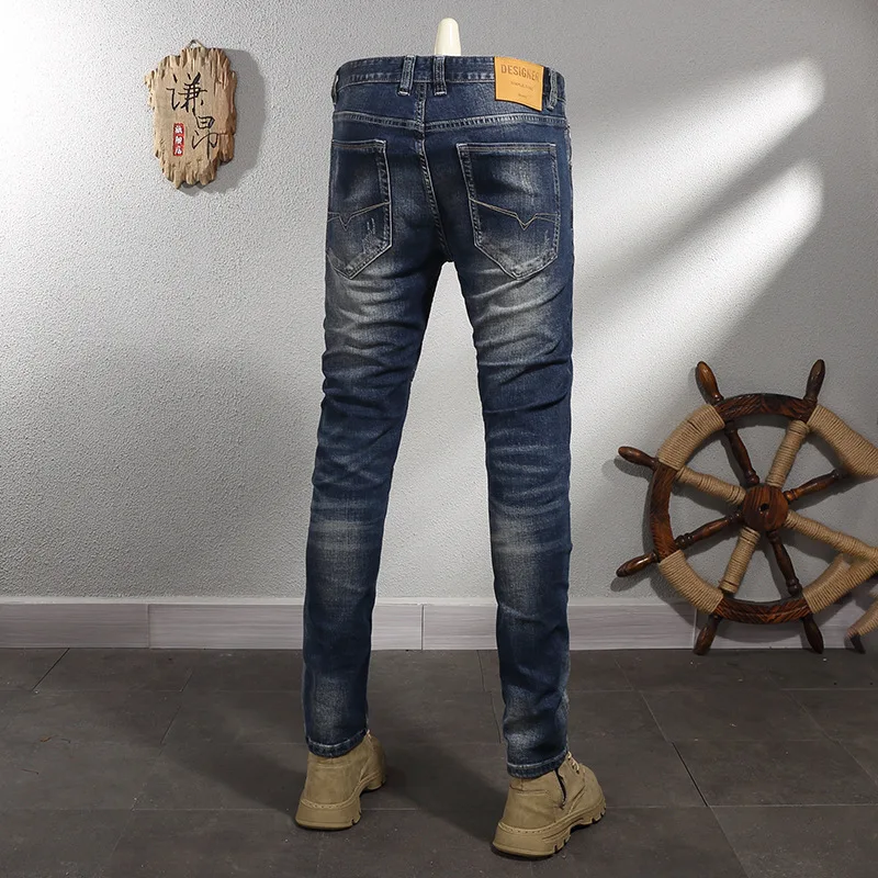 2024 Spring Dark Blue Washed Wear-White Vintage Distressed Stretch Slim-Fitting Small Straight Jeans Men's Korean Style Trendy