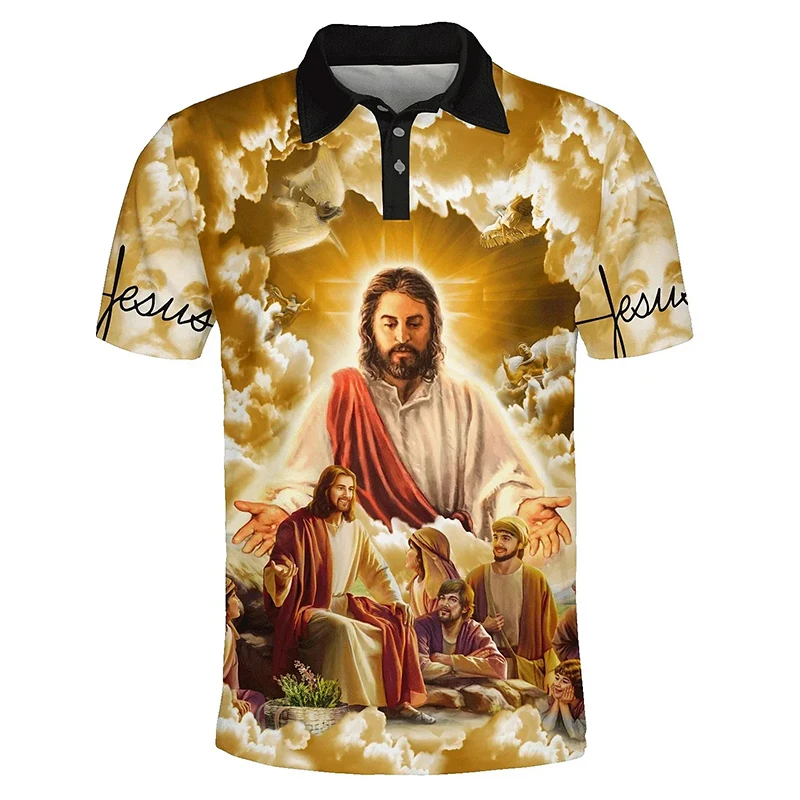 Men\'s Golf Polo Shirt 3d Print Easter Jesus Graphic Turndown Polo Shirts For Men Short Sleeves Button Down Casual Tee Tops