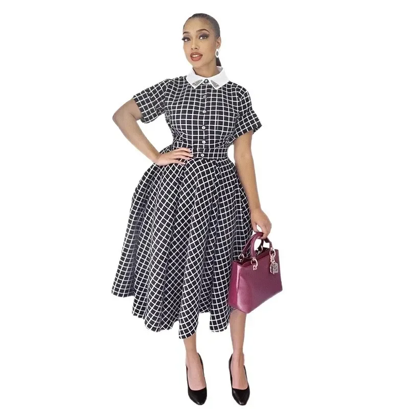 

Autumn Elegant African Women Short Sleeve V-neck Polyester Party Evening Midi Dress Dashiki African Dresses for Women Outfits