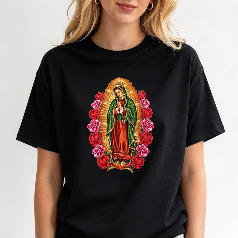 ：Virgin Mary Rose Wreath T Shirt Men Women Sacred Religious Graphic Short Sleeve Cotton Tee Devotion Harajuku Y2k Top