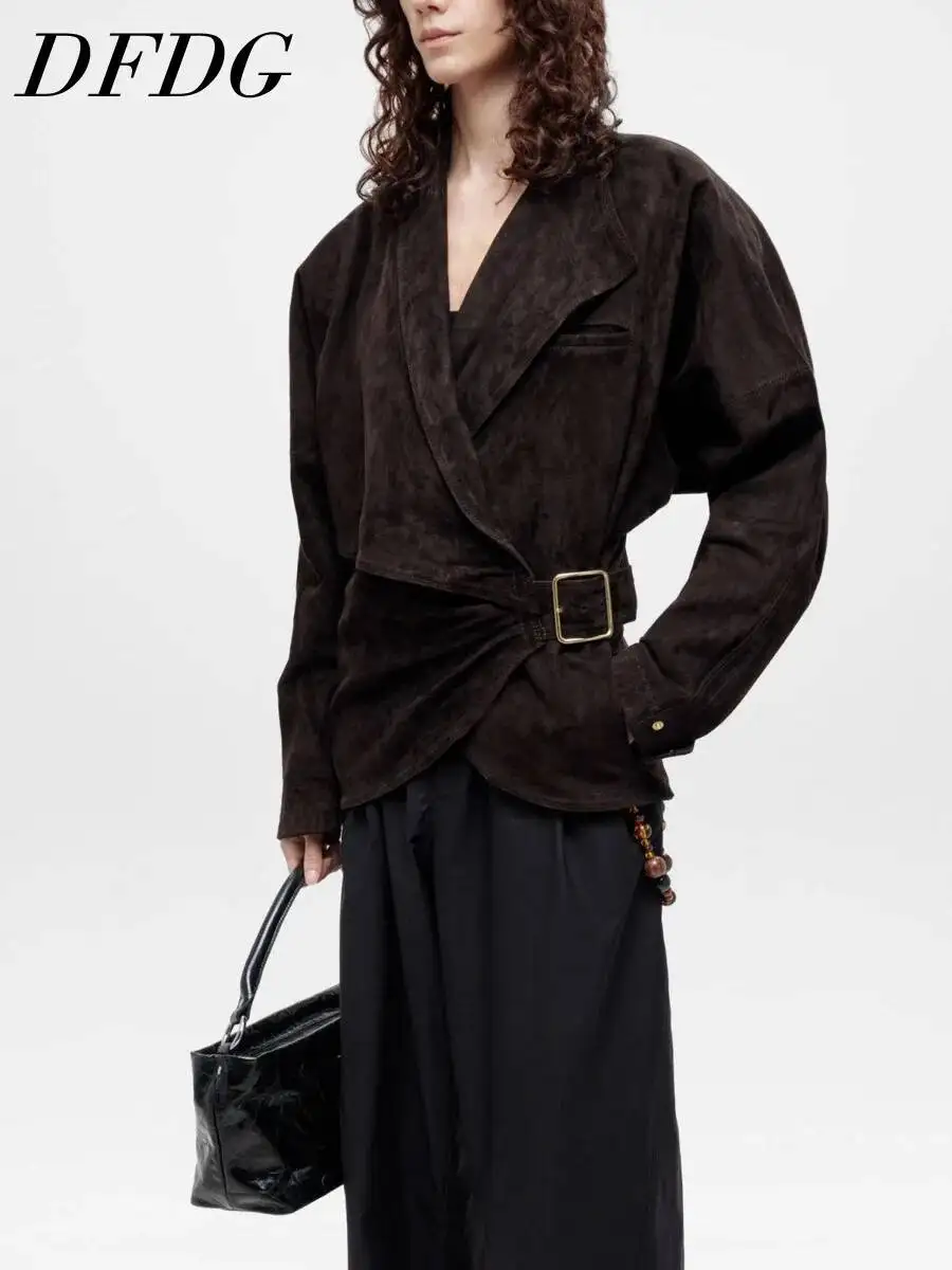 DFDG Women 2026 Vintage Suede Wrap Jacket Wide Lapel Self Belt Square Buckle Cinch Waist Drop Shoulder Loose Long Sleeve Jacket