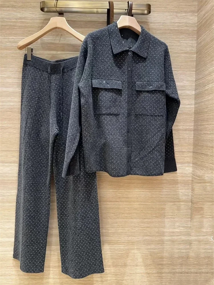 

【Gift Free】Women Grey Knit Cardigan Shirt or Drawstring Elastic Waist Long Pants Diamond Embellished Pocket Sweater Top