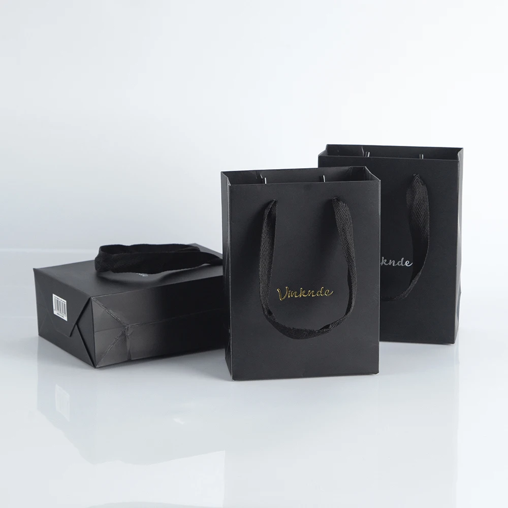 Imagem -03 - Black Gift Paper Tote Bags Logotipo Personalizado 12x6x16cm Aniversário Wedding Party Favor Bags com Alças Compras Mercadoria Bolsas 50 Pcs