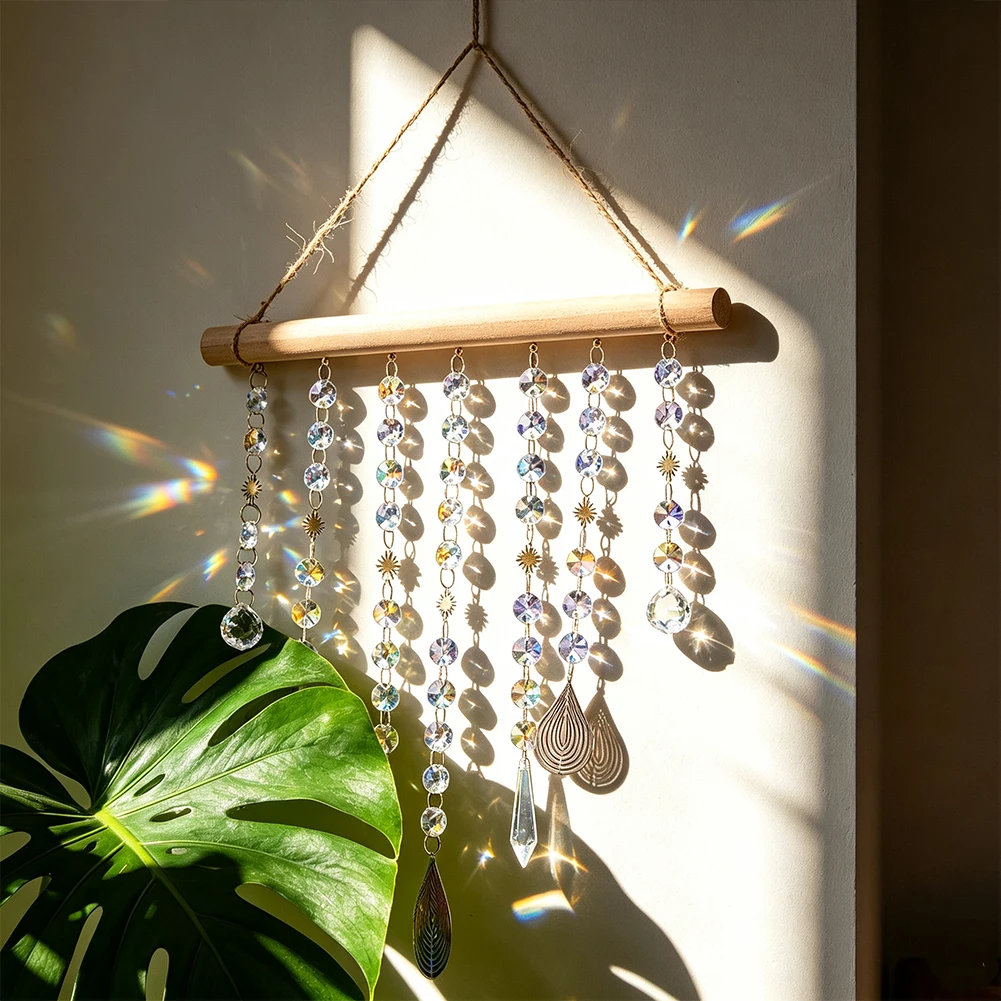 Crystal Suncatcher Wind Chimes Prism Drop Wind Spinner Wooden Hanging Pendant Glass Bead Chain Rainbow Maker Garden Window Decor