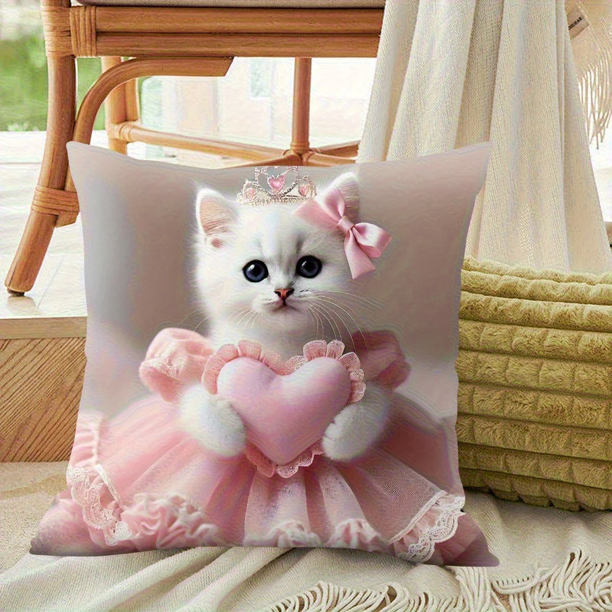 Cute Sweetheart Cat Princess Style Pillowcase Single Side Print Zipper Machine Washable No Insert