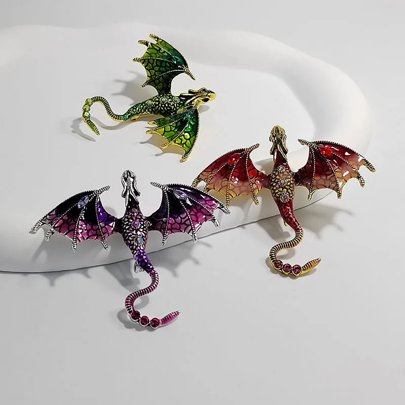 Vintage Enamel Dragon Brooches For Men Women Clthing Suit 6-color Rhinestone Flying Dragon Brooch Pins Party Office Friend Gifts