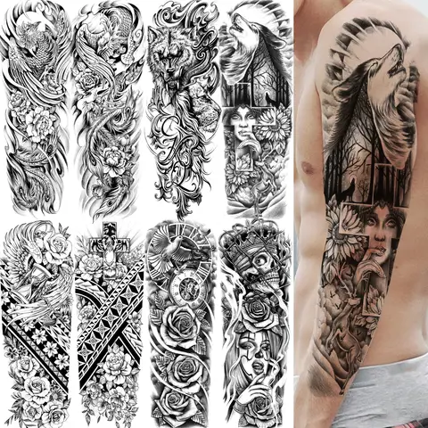 1 vel Tribal Wolf Flower Maori Totem tijdelijke tatoeages voor mannen vrouwen volwassenen volledige arm tattoo sticker nep zwart realistisch