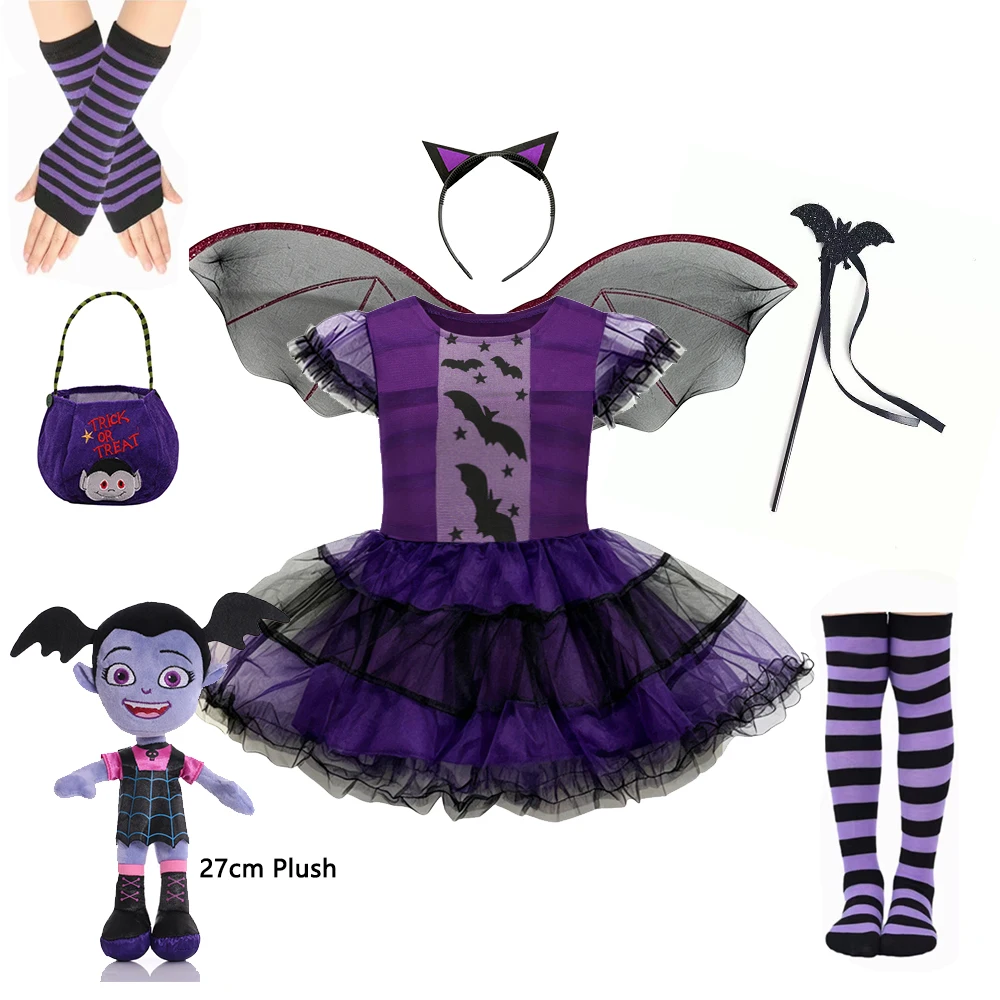 Girls Vampire Bat Cosplay Tutu Dress Kids Role‑Play Costume Halloween Fancy Outfit with Wings Headband for Carnival Dress‑Up