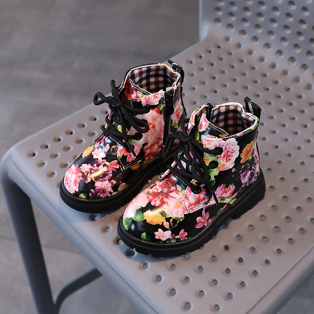 COMFY KIDS Toddler Black Floral Side Zipper Ankle Boots Soft Non Slip Rubber Sole Kids Leather Shoes