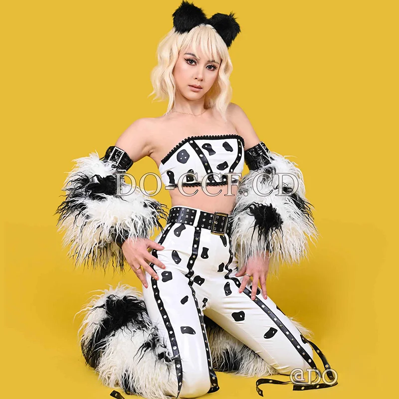 Traje de Drag Queen, Ropa de baile Gogo, mono blanco y negro, disfraz de escenario esponjoso, traje de actuación de Showgirl, ropa de fiesta Rave yk