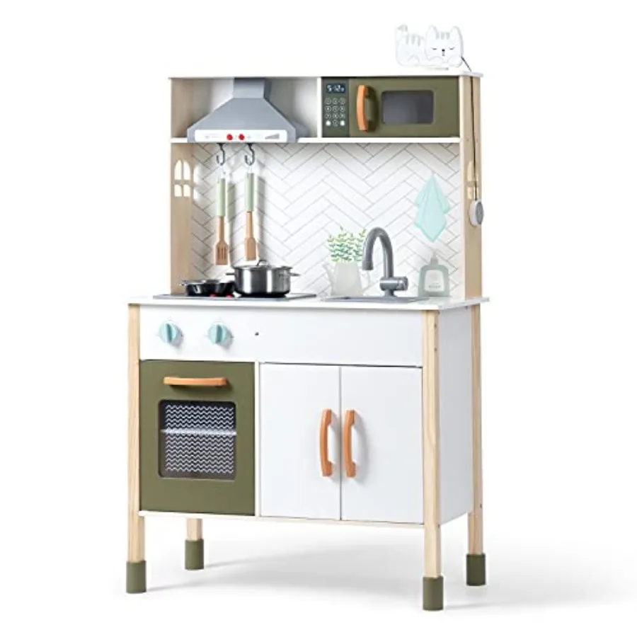 

Wooden Play Kitchen for Kids, Toys Kitchen with Light & Sound & Range Hood, Kids Kitchen Playset with Plenty of Play Features, P