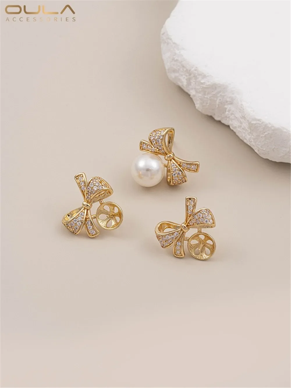 Color Preservation 14K Gold Gold Zircon Bow Half Hole Pearl Bracket Earrings 925 Silver Needle Diy Earrings Materials