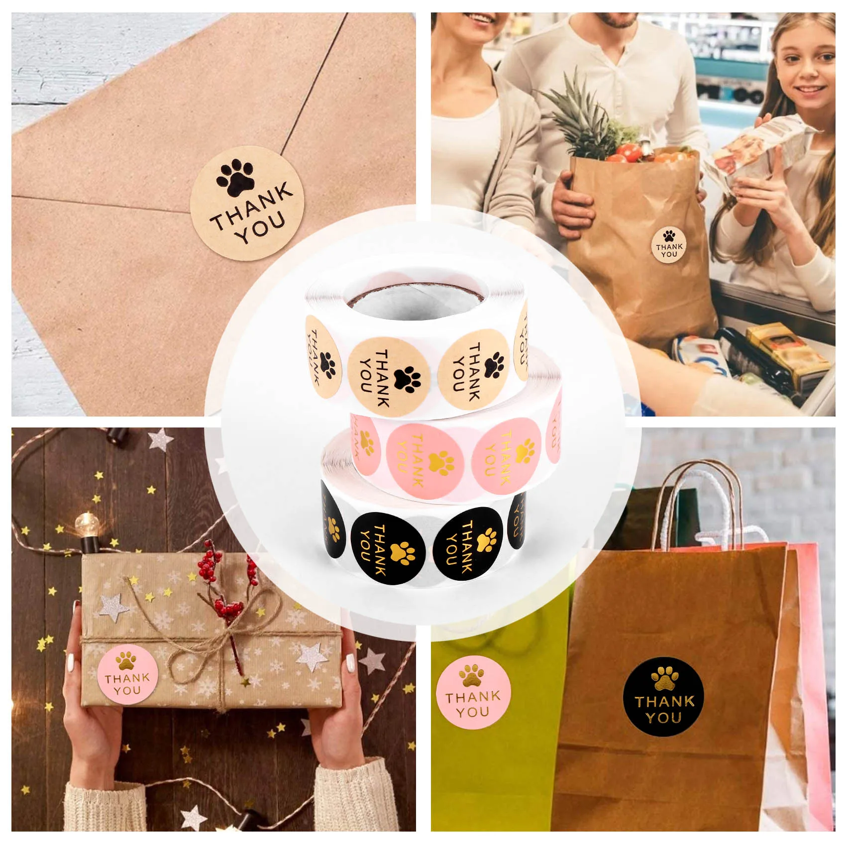 N34R-1500 Pcs Round Kraft Paws Print Thank You Labels Stickers, Dog Claw Print Labels, Present For Sealing And Decoration