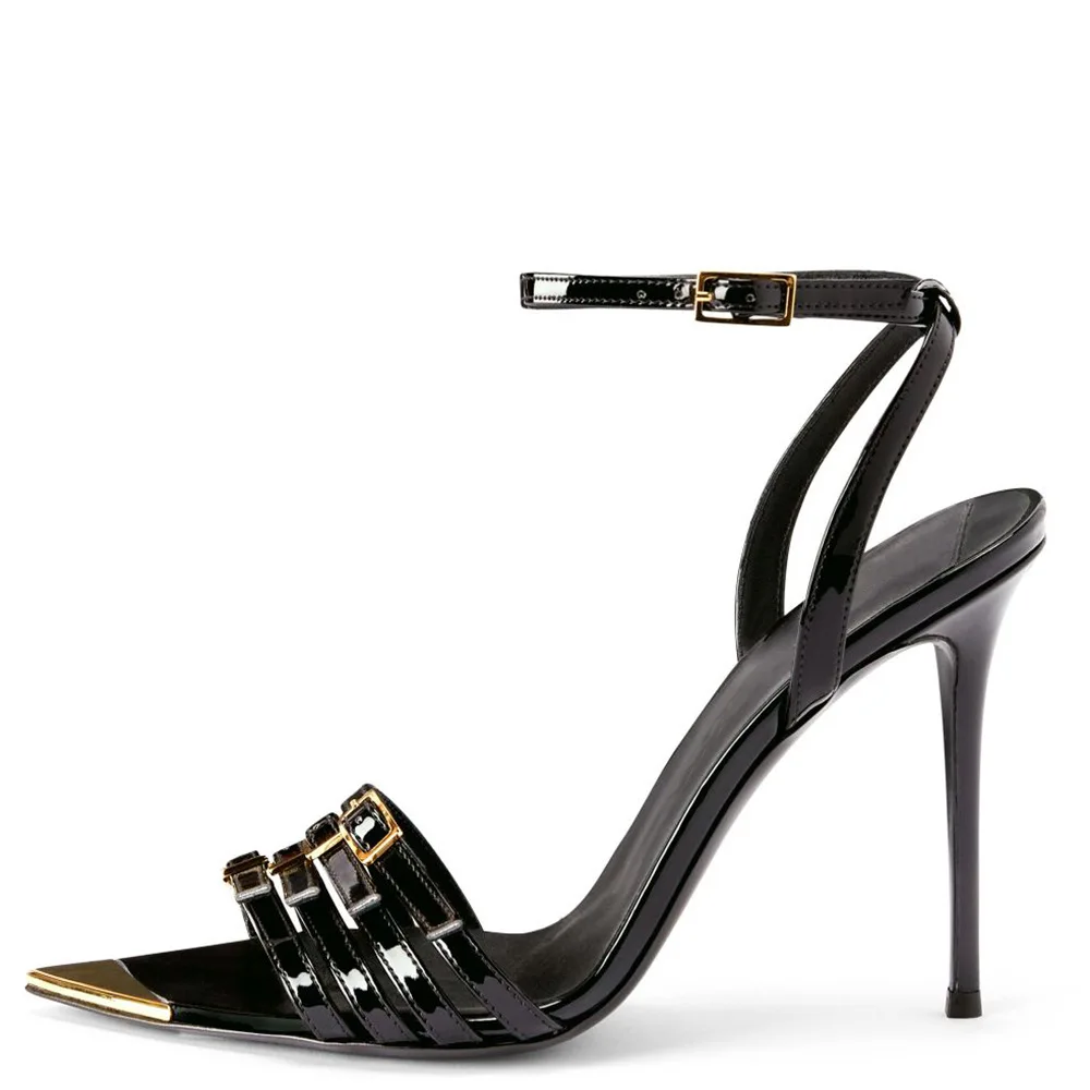

Black Patent Leather Stiletto Sandals Open Toe Large Size Pointed Toe High Heels Dinner Dress Buckle Women Shoes Sandalias Mujer