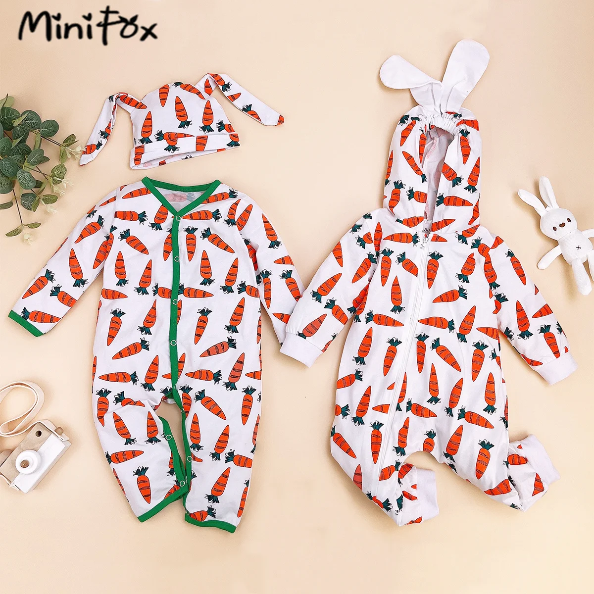 Low Price Cheap Clothes For Newborns Carrot Rompers Long Sleeve Allover Carrot Print Jumpsuit My First Easter Baby Clothing