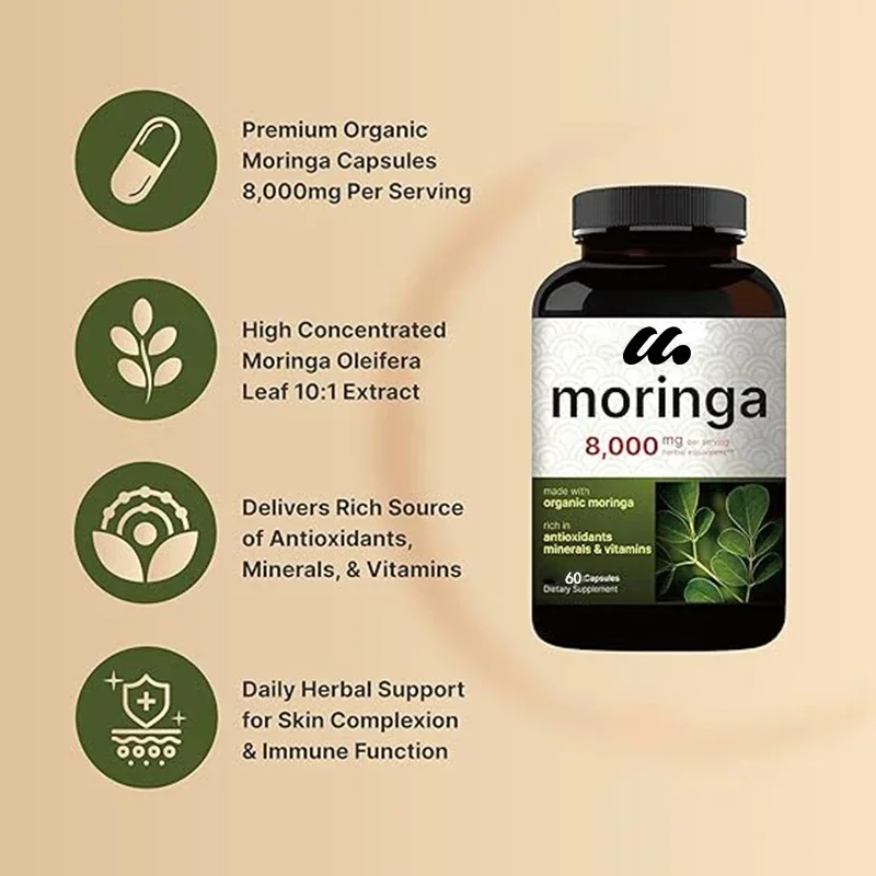 Moringa Capsules, Organic Made from Moringa Powder | Green Superfood, Skin Health, and Immune Support