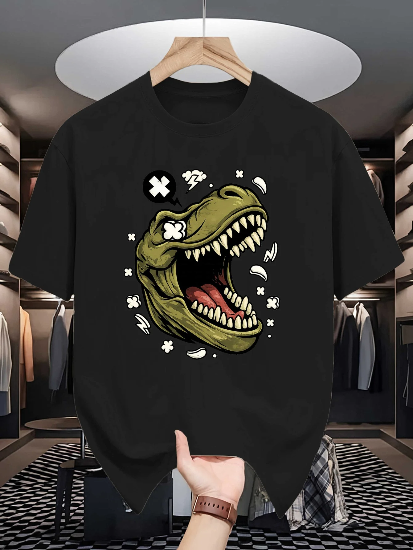 Roaring T Rex Mens Crew Neck T Shirt Angry Dinosaur Head Comic Lightning Burst Graphic Short Sleeve Casual Street Tops