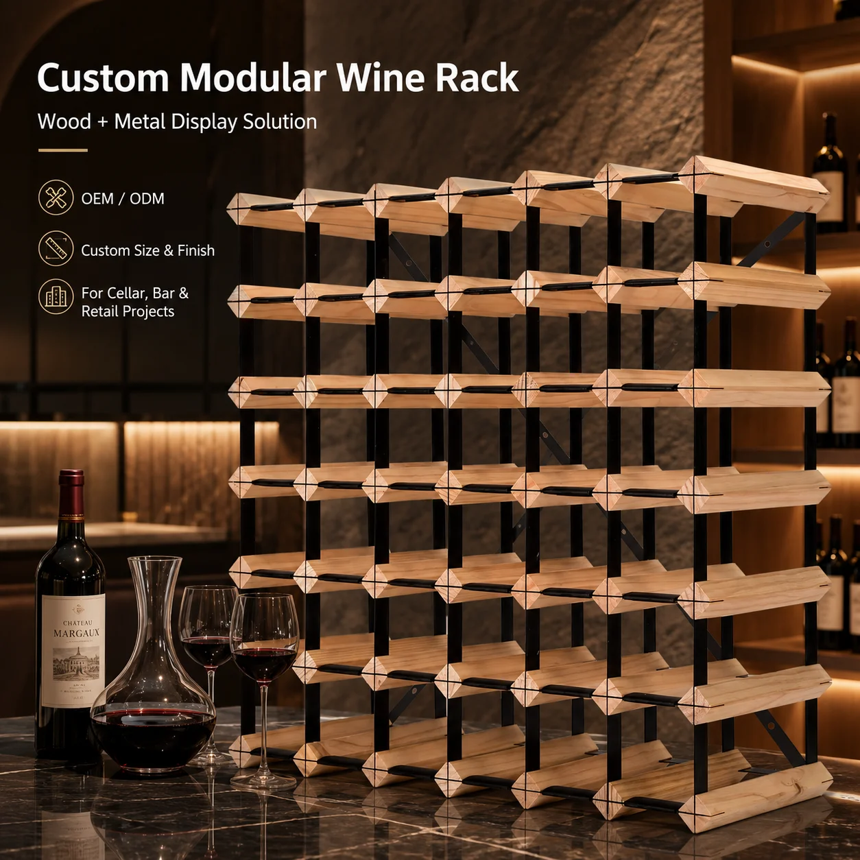 Floor Stand Metal&wood Wine Bottle Holder Display Organizer Cabinet&cellar Storage Custom Modular Stackabl Wine Rack Design
