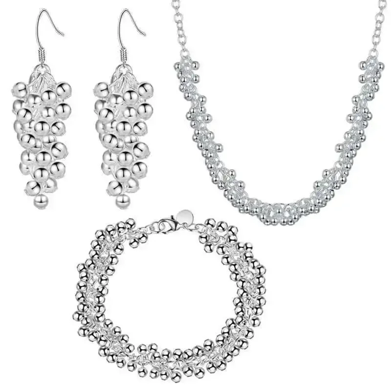 

New Designer 925 Sterling Silver Grape Beads Necklace Earrings Bracelet Jewelry Set for Women Fashion Party Wedding Holiday Gift