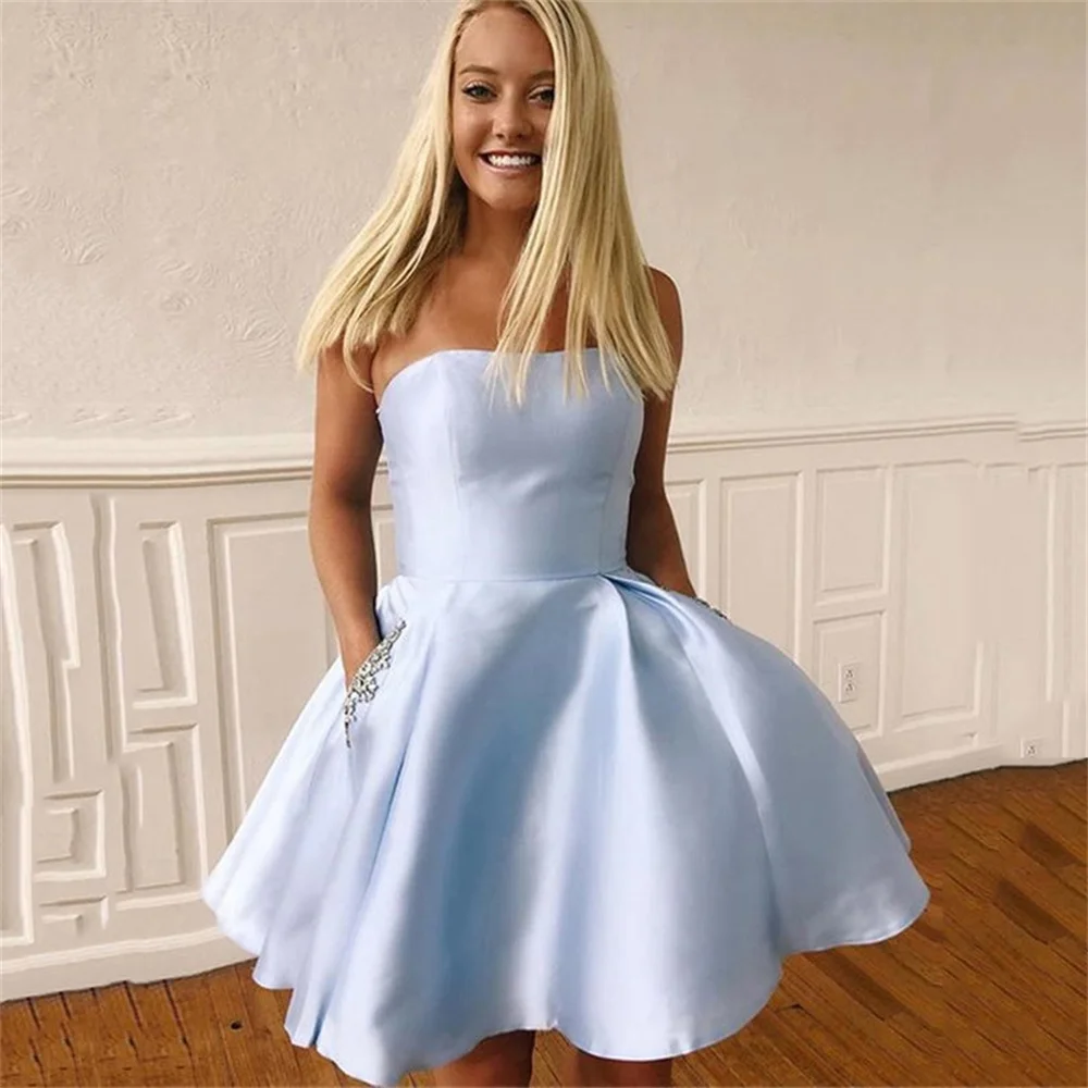 

Bafftafe Sky Blue Satin Mini Prom Dresses Customized Short Homecoming Gowns With Pockets Strapless Women Formal Cocktail Dress