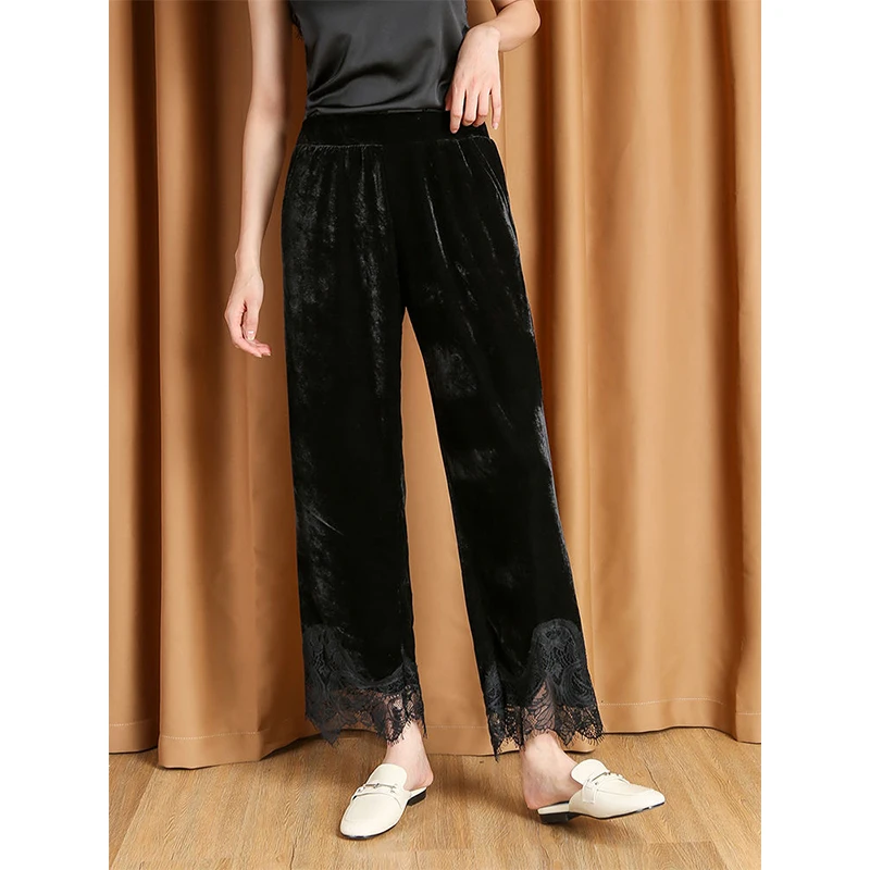 

Женские осенние кружевные лоскутные свободные однотонные брюки с высокой талией, тонкие широкие брюки, женские модные темпераментные универсальные повседневные брюки