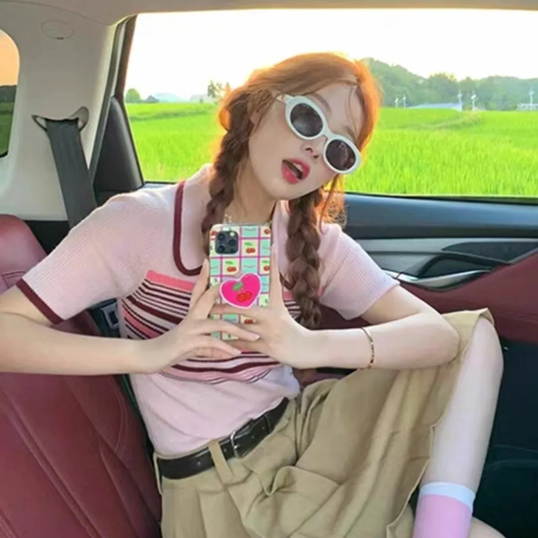 Amerikaanse retro oulderlengte ort Sve dames T-shirt zomer nieuwe kleine maat Hong Kong Sle chique roze top