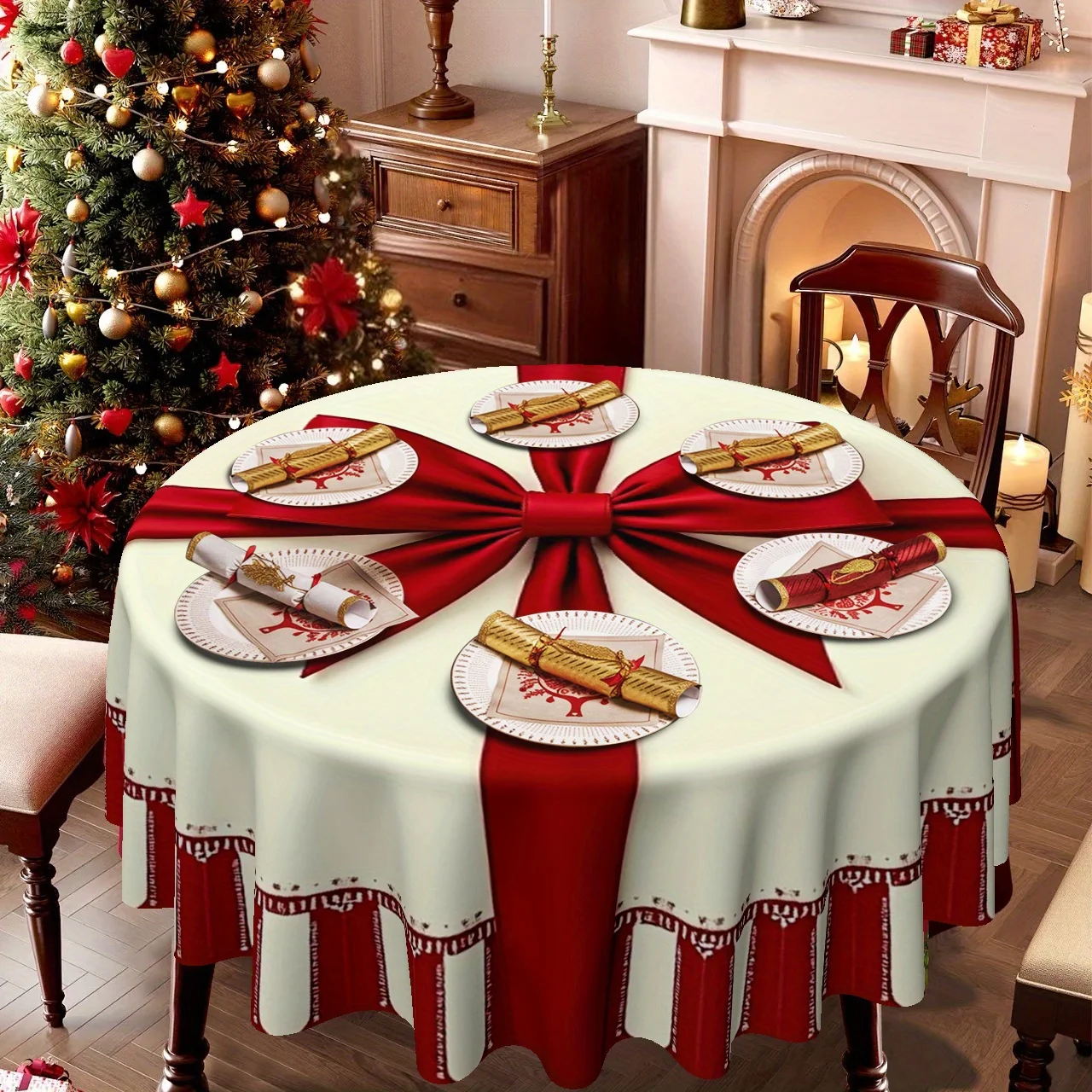 1 tablecloth, Christmas theme, festive red bow decoration round tablecloth