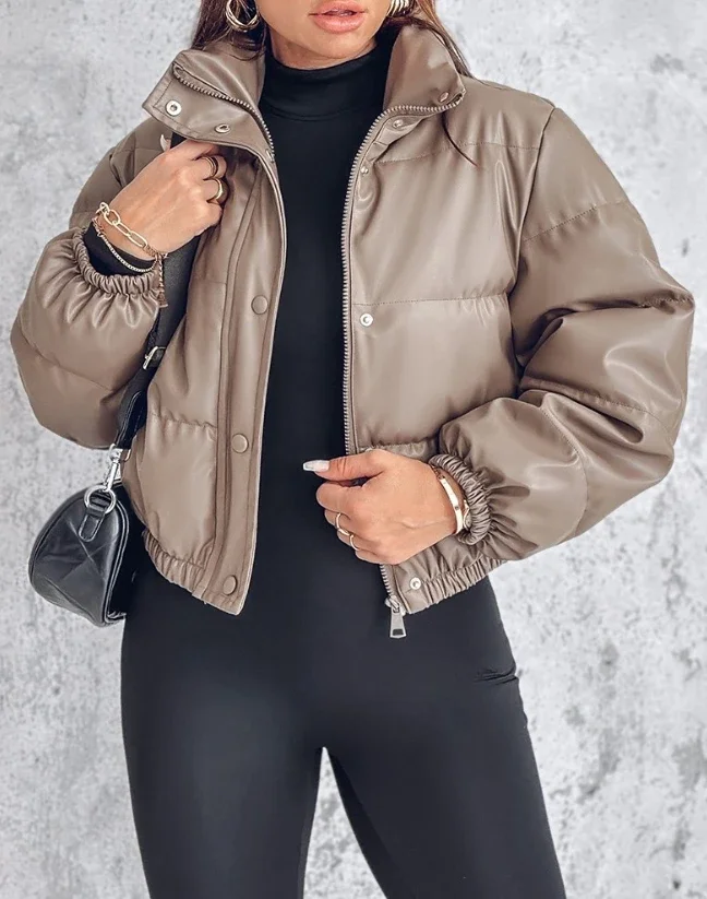 Winter Jacket Women\'s 2024 Casual Basic Fashion New In Coat Pu Leather Stand Up Collar Snap Zipper Windproof Warm Down Jacket