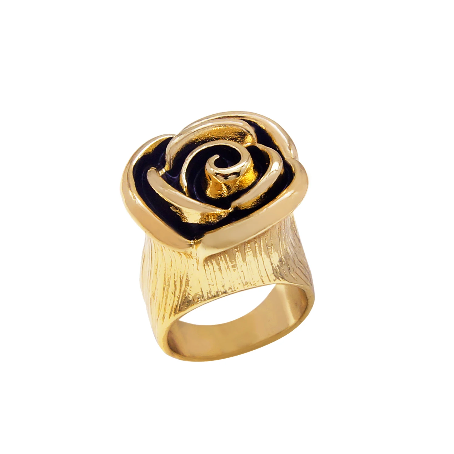 Brazilian Gold Two-Tone Enamel Sculpted Rose Ring Grain Textured Wide Shank Vintage Flower Party Jewelry