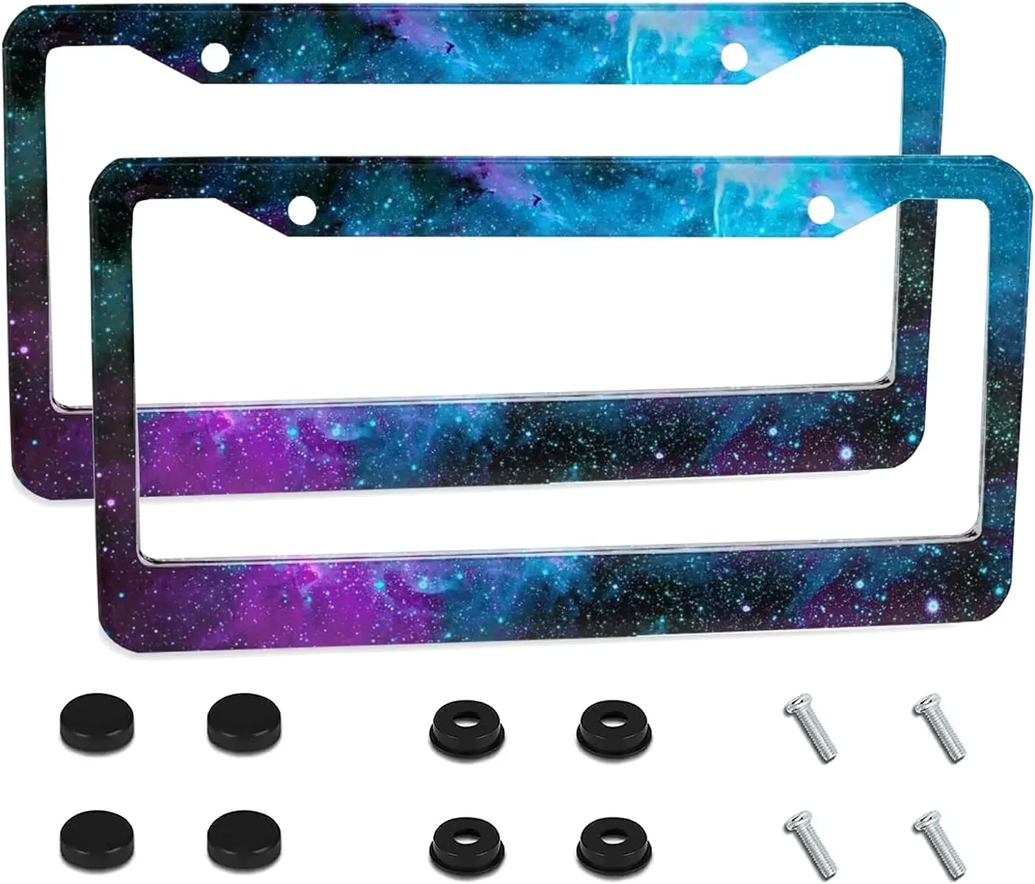 2 PCS Beautiful Galaxy Spaces License Plate Frame Quality Aluminum License Plate Cover Novelty License Plate for US Vehicles