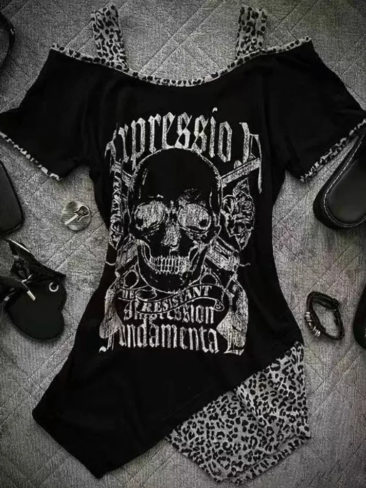 American Vintage Skull Print T-shirt z krótkim rękawem Damskie letnie koszulki z odkrytymi ramionami Gothic Cool Black Punk Cool Retro Goth Tops