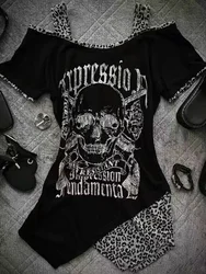 American Vintage Skull Print Short Sleeve T-shirt Women's Summer Off-shoulder Tees Gothic Cool Black Punk Cool Retro Goth Tops