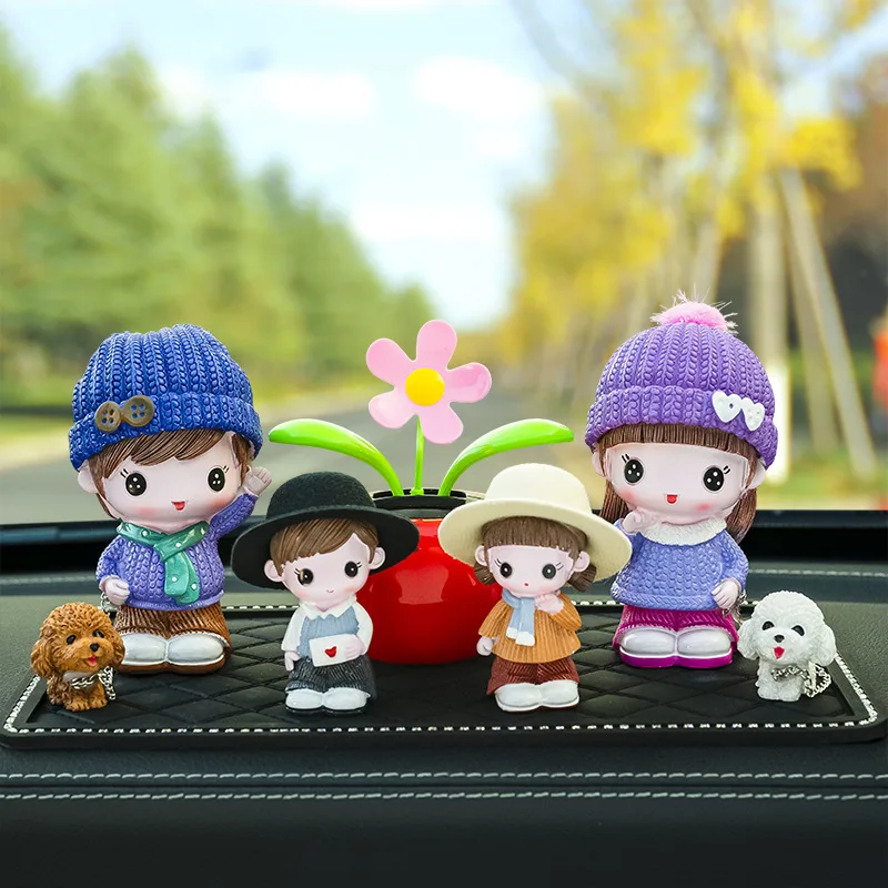 Car Interior Decoration Solar Sun Flower Funny Accessories Model Cartoon Family Walk The Dog Action Figure Auto Kawaii Ornaments